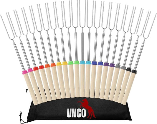 UNCO- Marshmallow Roasting Sticks, 20 Pack, 32”, Extendable Stainless Steel Smores Sticks for Fire Pit