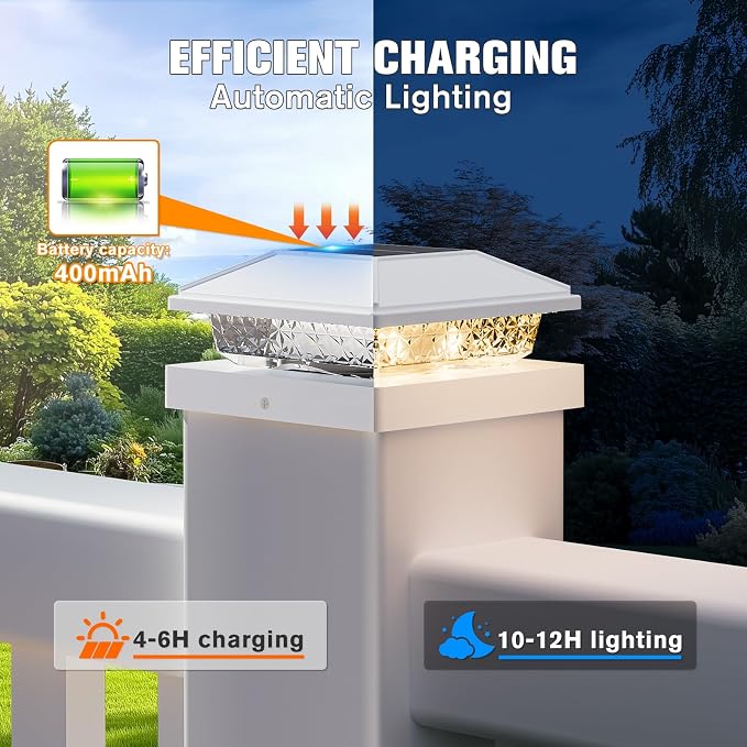 Solar Post Cap Lights,4x4 Post Solar Lights,Warm White,8 Pack White | Fence Post Solar Lights for 4x4 Post Caps Wood Vinyl &5x5 Vinyl Post,IP64 Waterproof Solar Post Lights Outdoor for Deck