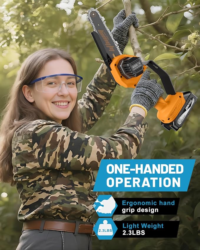 Fostex 6 Inch Cordless Mini Chainsaw, Handheld Electric Chain Saw with 2×2Ah Batteries & 2 Chains, Lightweight Battery Powered Saw for Tree Trimming, Branch Pruning, Gift for Men & Women (Yellow)