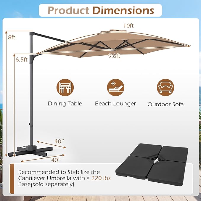 Tangkula 10FT Patio Umbrella, Offset Cantilever Outdoor Umbrella with 360 Degree Rotation, Air Vent, Cross Base for Pool Deck Garden Backyard (Tan)