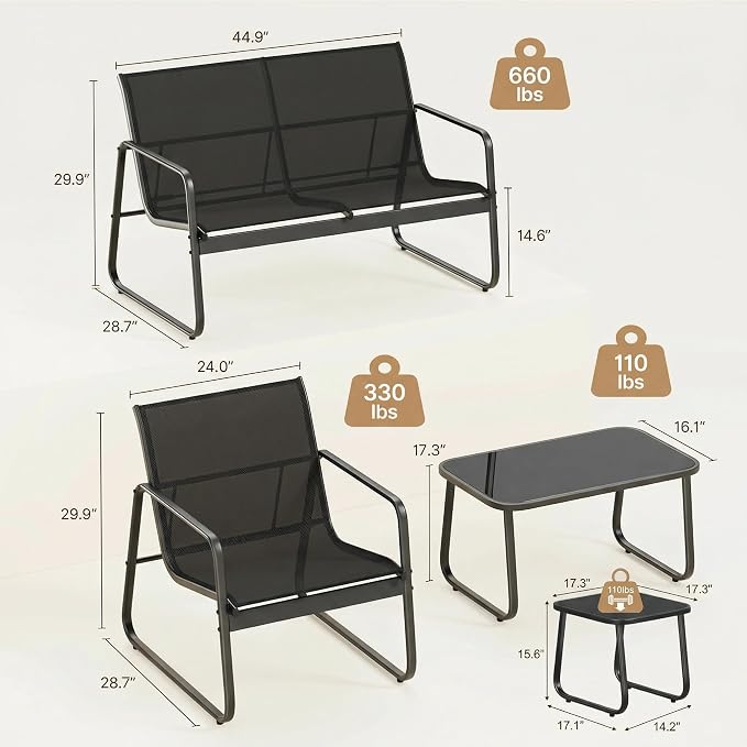Gizoon 7 PCS Patio Furniture Set, Outdoor Conversation Set, Include Loveseat, 4 Single Chairs & 2 Coffee Tables, Comfortable and Breathable Teslin Fabric, for Lawn, Garden, Balcony, Poolside, Black