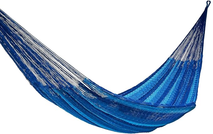 NOVICA Multicolor Sky Blue Striped Hand Woven Nylon Mayan 1 Person Rope Hammock, 'Blue Caribbean' (Single)