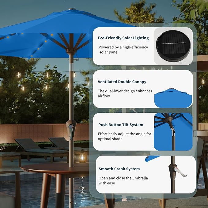 9FT Solar Umbrella 32 LED Lighted Patio Umbrella Table Market Umbrella w/Tilt and Crank, UV-Resistant Outdoor Umbrella for Pool, Garden, Deck, Royal Blue