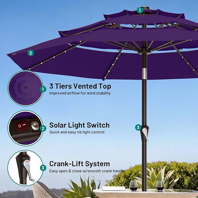 AreShark 9ft 3 Tiers Patio Umbrella with Solar Lights, Outdoor Umbrella w/ 32 LED Lights&8 Sturdy Ribs, Table Umbrella for Deck, Backyard, Pool (Dark Purple)