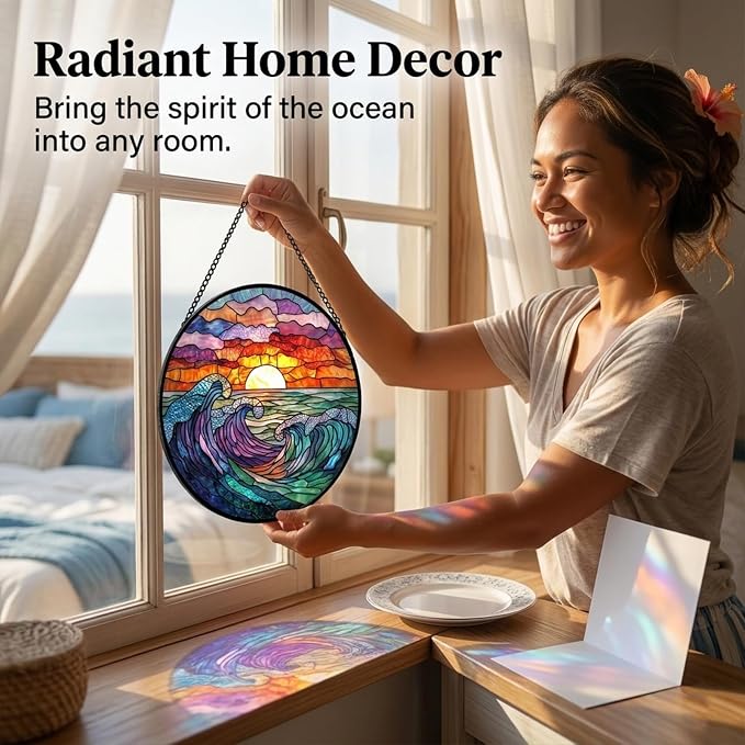 Beach Gifts for Mom - Sunrise Waves Faux Stained Glass Window Hanging Sun Catcher for Door Garden Acrylic Decor Mother's Day Birthday Stocking Stuffer Gift for Women Nana Friend Men Grandma 7.8"
