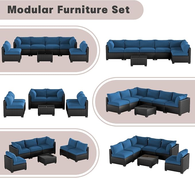 Patio Furniture Set 7 Pieces Conversation Set Wicker Outdoor Sectional Sofa,Ergonomic Armrests Couch with Cushion and Glass Table (Black-Peacock Blue, 7 Piece-Single)