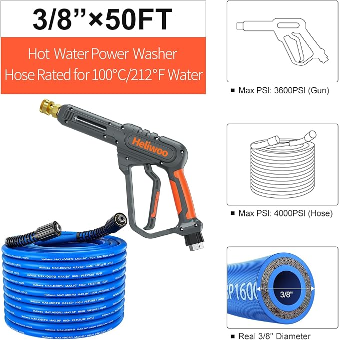 Pressure Washer Gun and Hose 3600 PSI, 50 FT Power Washer Hose, Extension Wand, 3/8" Swivel Quick Connector & M22-14mm Fitting, 30" Extension Wand & 7 Nozzle Tips