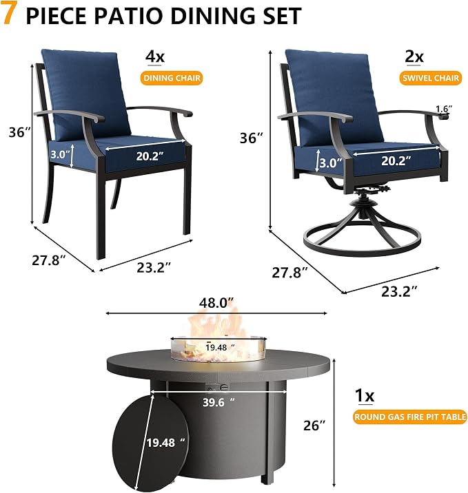 Kullavik 7 Piece Metal Outdoor Patio Furniture Set with Fire Pit Table,Outdoor Dining Table Set with 4 Fixed Chairs,2 Swivel Chairs and 55000 BTU Outdoor Round Fire Pit,Navy Blue