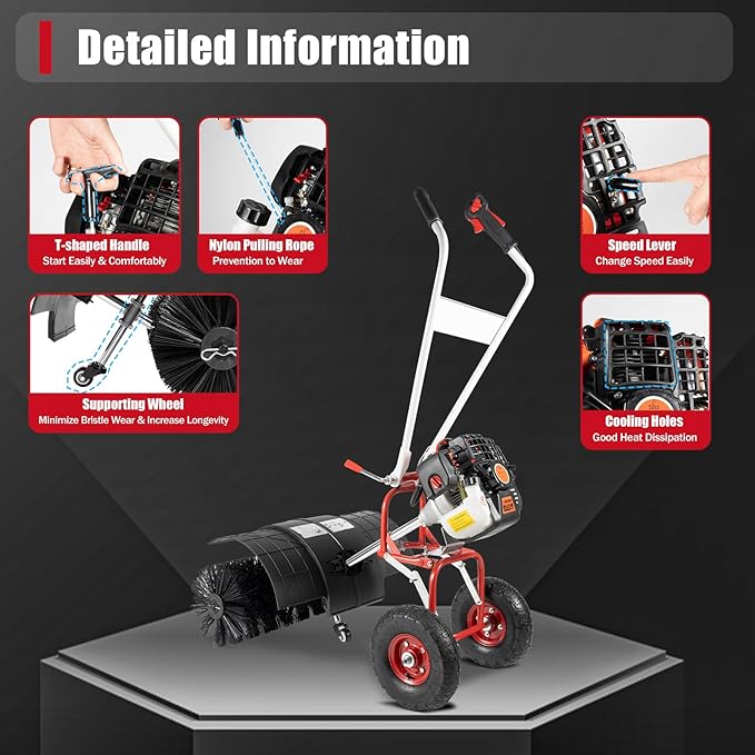 Gasoline Power Sweeper, 52CC 2-Stroke Double Handle Gas Powered Walk Snow Plow with Nylon Brush Sweeping Broom Hand Held Driveway Turf Cleaning for Artificial Grass Power Brush Lawn