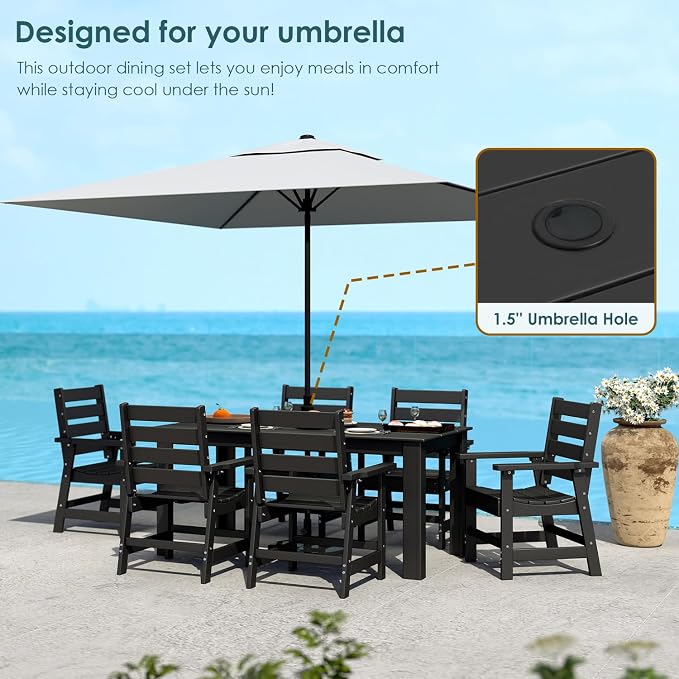IVY&LANE Outdoor Dining Table | HDPE | 67’’ Rectangle Tables | Black | All Weather | Umbrella Hole | Patio Furniture | for Poolside Lawn Garden Backyard