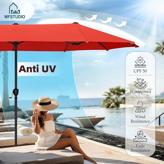 MFSTUDIO 13ft Outdoor Patio Umbrella, Double Sided Large Rectangular Umbrella Market Table Twin Triple Rectangle Umbrellas with Crank Handle for Outside Picnic Backyard Deck Pool (no base)