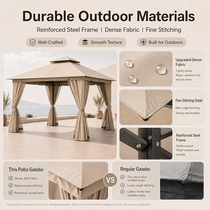 Kingdura 10'x13' Outdoor Gazebo, Heavy Duty Metal Patio Canopy Tent Shelter with Double Roof, Mosquito Netting & Privacy Curtains for Backyard, Garden, Deck, Lawn, Khaki