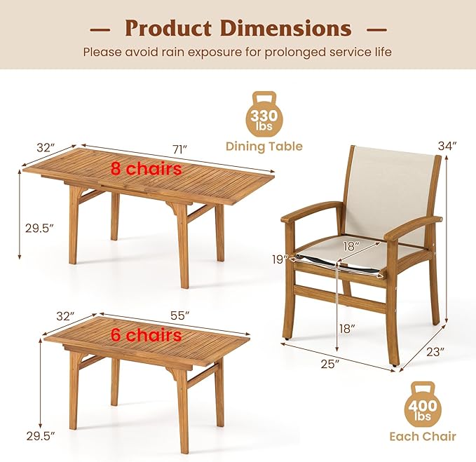 Tangkula 9 Pieces Acacia Wood Patio Dining Set for 6-8, Outdoor Expandable Table and Chairs Set with 1.97" Umbrella Hole and Breathable Fabric for Garden, Lawn, Yard and Poolside