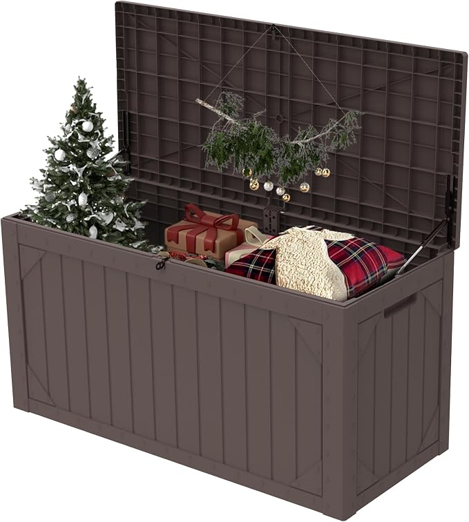 Outdoor Storage Box 100GAL Waterproof Resin Deck Box,UV-Resistant Lockable Package Delivery Bin for Garden Tools,Large Patio Outside Cushions,Pool Accessories Supplies,Chest,Furniture,Brown