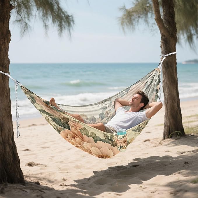 Retro Victorian-Style Floral Pattern Vines Pastel Colors Hammocks with Hanging Rope Fabric Hammock for Outside Beach Patio Garden