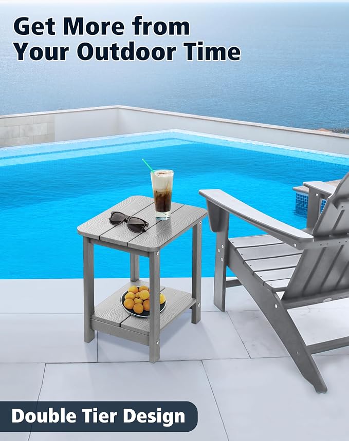 Tikea Adirondack Outdoor Side Table, 2-Tier 16.7" Outdoor End Table for Patio Pool Porch, All Weather Resistant Patio Furniture Gray