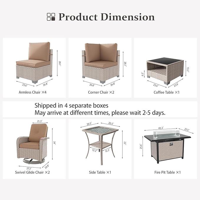 11 Pieces Patio Furniture Set with Fire Pit Table, Outdoor Sectional Wicker Sofa with Thick Cushions, High Back Swivel Rocker Patio Chairs, Rattan Conversation Set with Coffee Table, Khaki