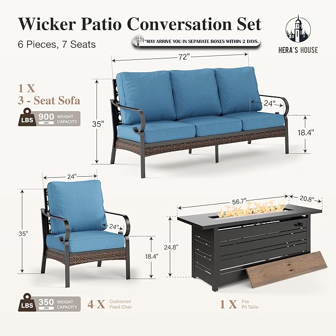 HERA'S HOUSE 6 Piece Metal Patio Furniture Set with 56" Fire Pit Table, All Weather Outdoor Conversation Set, 3 Seat Sofa, 4 Fixed Chairs with Cushions, Seats 7 for Backyard, Garden, Deck, Navy Blue