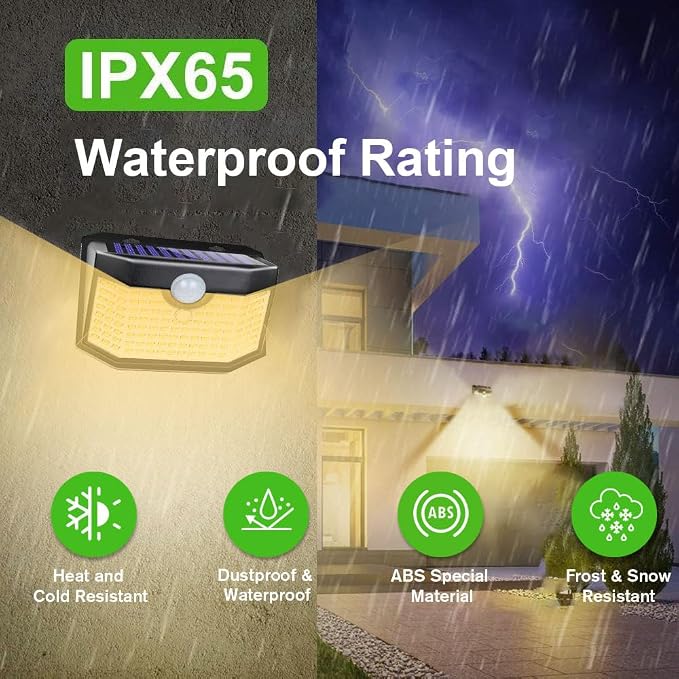 HMCITY 120 LED Outdoor Solar Lights- with Motion Sensor and 3 Lighting Modes, IP65 Waterproof Wide Solar Wall Lights Ideal for Garden Patio Yard (Front Button 4Packs, Black Shell-Warm White)