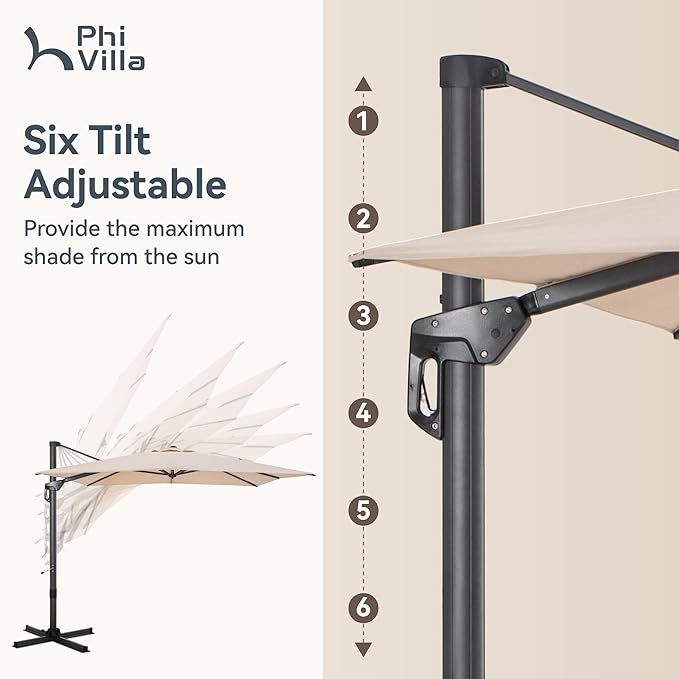 PHI VILLA 9'x 12' Cantilever Patio Umbrella with Crank Handle, 6-Level Tilt & 360° Rotation, Aluminum Square Outdoor Offset Umbrella Windproof & Crashproof for Garden, Deck, Pool (Beige)