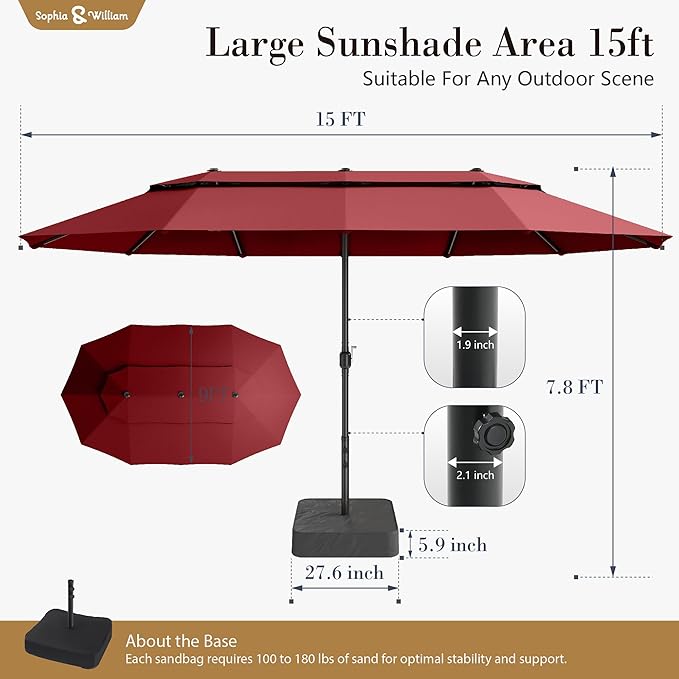 Sophia & William 15ft Extra Large Patio Umbrella with Base Included, 2-Tier Double-Sided Rectangle Outdoor Umbrella with Stand, Market Umbrella for Pool Garden Backyard, Red