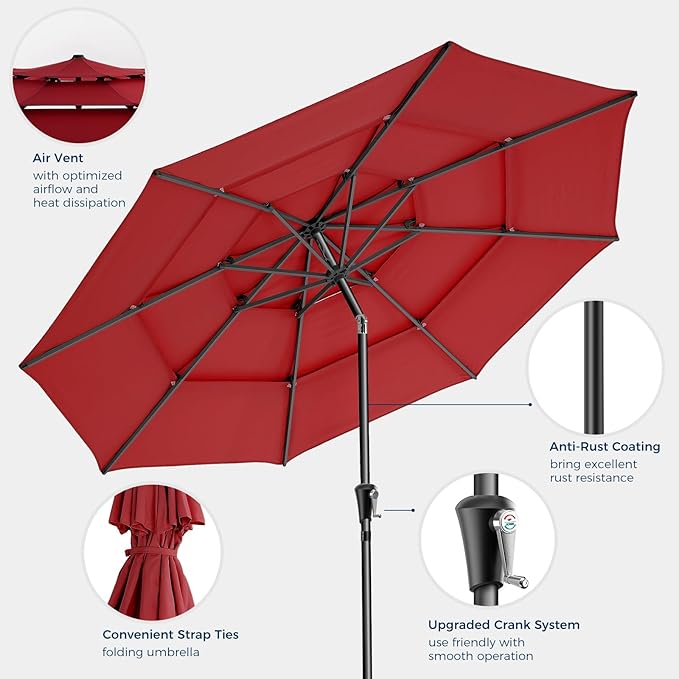 HOMSHADE 9FT 3-Tiers Outdoor Patio Umbrella with 5-Year Fade Resistant,Vented Outdoor Commercial Market Umbrella with UPF50+ UV Protection & Push Button Tilt and Crank for Pool,Backyard(Red)