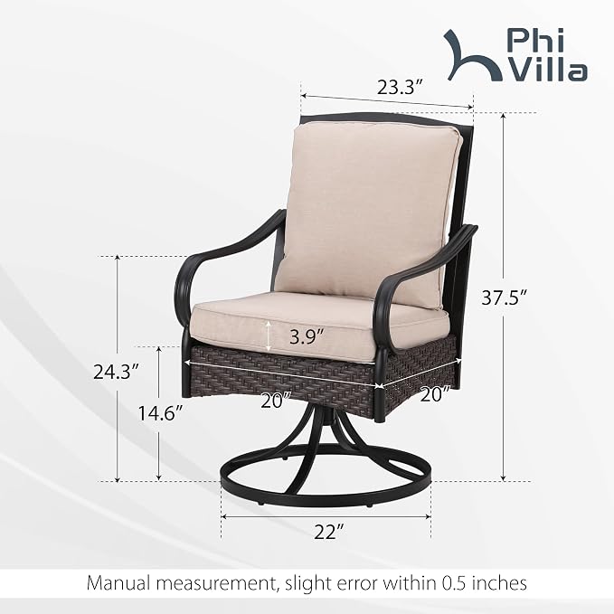 PHI VILLA Swivel Patio Dining Chairs Wicker Chairs Set of 4 with Cushions | Heavy Duty Outdoor Metal Wicker Dining Chair with Padded Cushions, Large All Weather Wrought Iron Patio Chair for Balcony