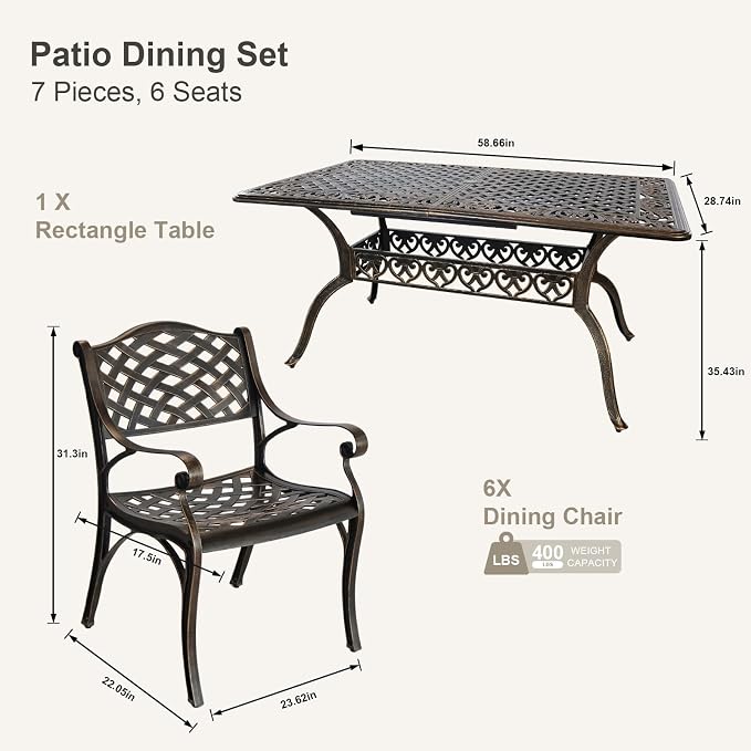 7 Piece Outdoor Dining Set, Cast Aluminum Patio Dining Set for 6 Person, Patio Furniture Set with 59" Rectangle Patio Table(2.56" Umbrella Hole) and 6 Chairs