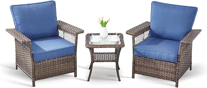 Outdoor Patio Chairs Wicker Chair - 3 Piece Rattan Patio Bistro Chairs Set with Sturdy Frame,All-Weather PE Wicker and Comfortable Cushions,1 Side Table for Outside Porch Deck Balcony(Brown/Blue)
