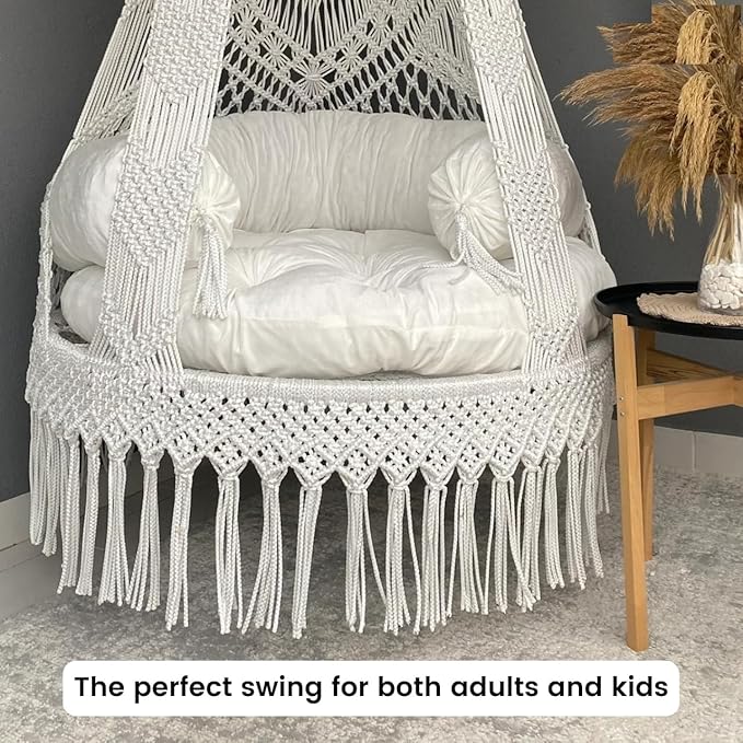 Premium Cotton Macrame Swing Hammock Chair for Adults & Kids – Indoor & Outdoor Hanging Jhula for Patio, Balcony, Deck, Living Room – Boho Style, Large Size, 353Lbs Capacity