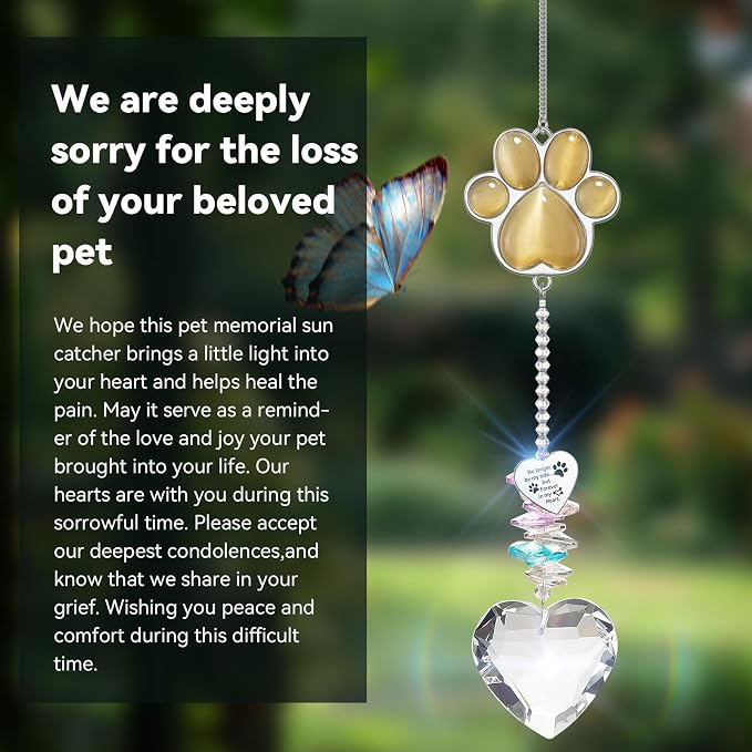 Dog Memorial Gifts, Pet Memorial Suncatcher, Loss of Dog Sympathy Gift | Thoughtful Dogs and Cats Bereavement Remembrance Gifts, Natural Cat's Eye Stone Paw Crystal Suncatcher