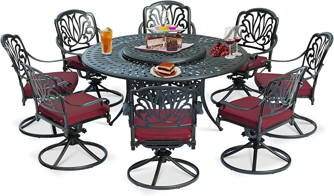 9-Piece Patio Cast Aluminum Dining Set for 8, Outdoor Dining Furniture Set, Includes 8 Cushioned Chairs and 61" Large Round Dining Table with 31" Lazy Susan, Umbrella Hole, Red