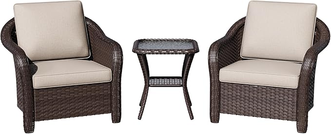3 Piece Patio Wicker Bistro Set, 2 All-Weather Use Outdoor Wicker Chairs with PE Rattan Side Table,Ideal for Porch, Backyard, Balcony, Poolside, Beige
