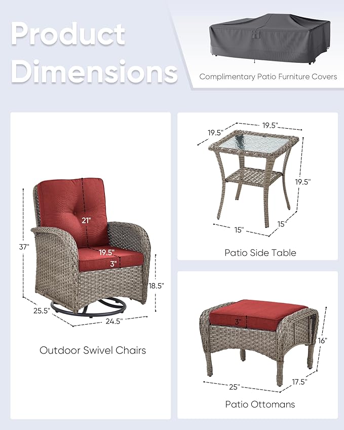 5 Pieces Outdoor Wicker Patio Furniture Set-High Back Outdoor Rocking Chairs Set of 2 with Ottoman Patio Conversation Sets for Deck Lawn Porch Balcony Poolside-Grey/Red