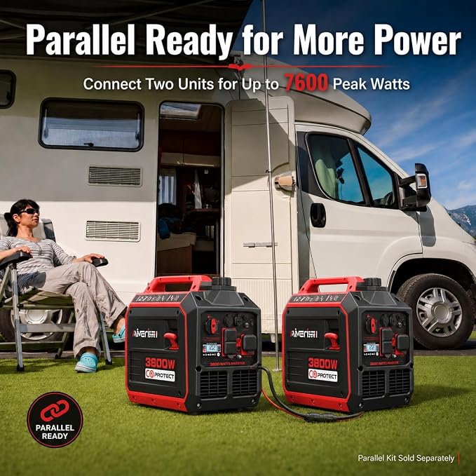 AMERISUN Portable Inverter Generator, 3800W Gas Powered Generator, Super Quiet for Home Use, ECO Mode, CO Sensor, Parallel Capable Long Run Time for Camping Tailgating, EPA Compliant