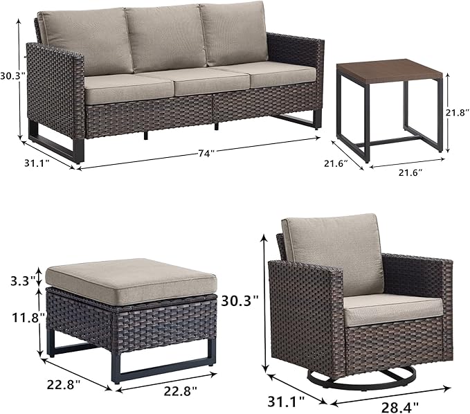 Rilyson Wicker Outdoor Patio Furniture Set - 6 Piece Patio Conversation Set with 2 Swivel Rocker Chairs,2 Rattan Ottoman,1 Couch and 1 Metal Side Table for Outside Porch Deck Backyard(Brown/Grey)