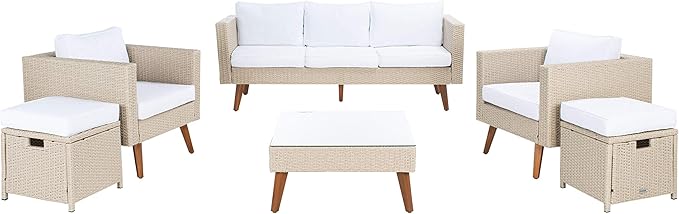 SAFAVIEH Outdoor Collection Presla Wicker Cushion 6-Piece Living Set PAT7715B-3BX, Beige/White