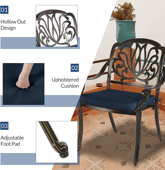 5-Piece Outdoor Patio Dining Set, All-Weather Cast Aluminum Patio Table Set, Include 4 Cushioned Chairs and a 35.4 inch Square Table w/Umbrella Hole for Balcony Garden Backyard, Navy Blue