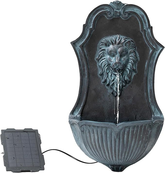 XBrand 29.9" Solar-Powered Wall-Mounted Lion Head Fountain, Resin, Outdoor, Gray