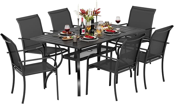 7-Piece Patio Dining Set,6 Person Outdoor Table and Chairs Set, 6 Metal Dining Chairs and Rectangular Outdoor Table with 1.57" Umbrella Hole,Black