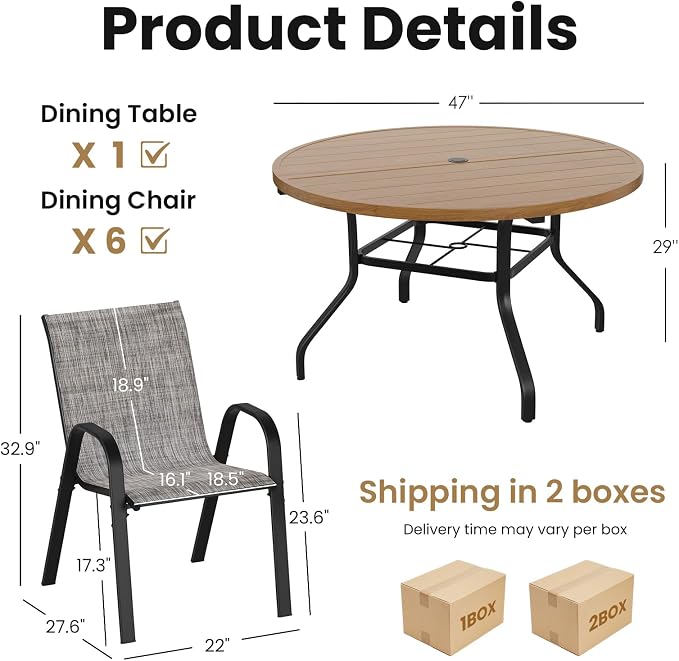 Soohow Patio Dining Set for 6, 7-piece Outdoor Dining Set 6 x Stackable Patio Chairs & 1 x Wood-Like Round Table with Umbrella Hole, All-Weather Outdoor Table and Chairs for Backyard, Balcony, Porch