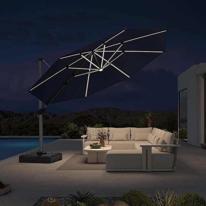 PURPLE LEAF Cantilever Umbrella with Base 13ft Outdoor Round Patio Solar Powered LED Umbrella with 360-degree Rotation for Garden Deck Pool Patio, Navy Blue