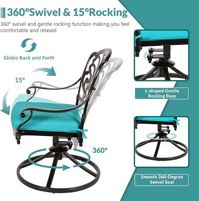 MEETWARM 9-Piece Outdoor Patio Dining Set for 8, All Weather Cast Aluminum Patio Funiture Table and Chairs Set- 94.5” Rectangular Table and 8 Cushioned Swivel Rocker Chairs, Umbrella Hole, Ocean Blue
