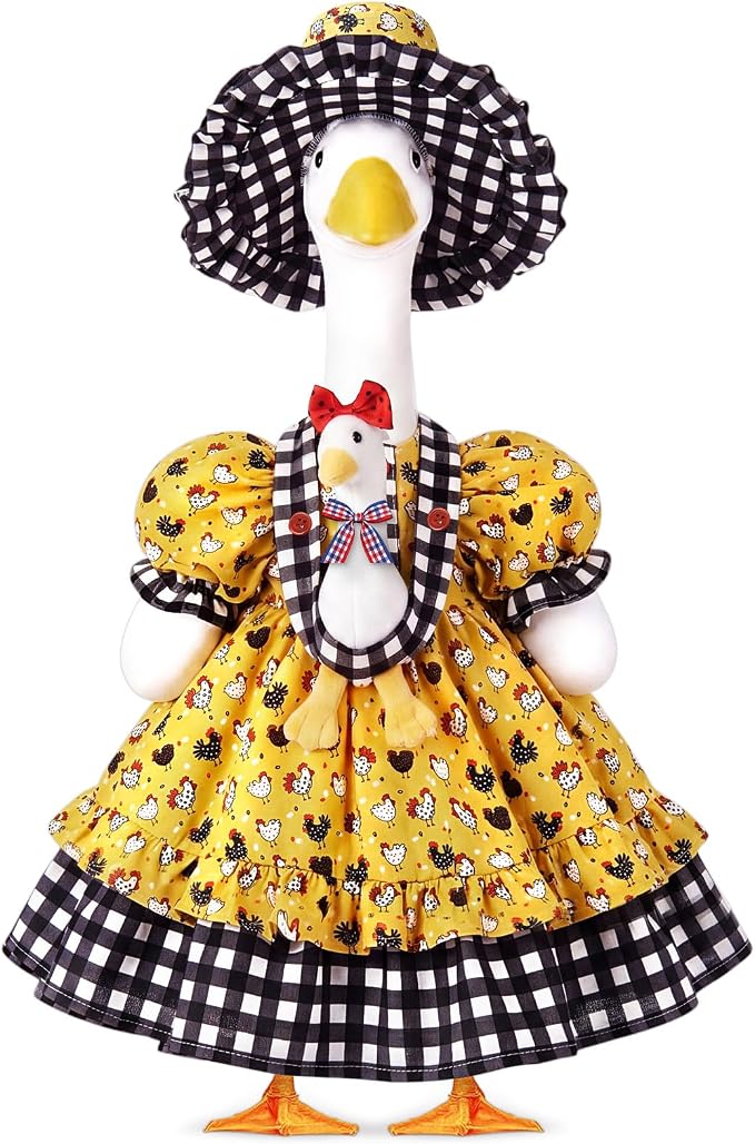 Porch Goose Outfit Set for 23 Inch Goose Statue, Spring Yellow Lolita Dress with Hat and 3D Baby Apron, Rustic Farmhouse Easter Summer Patio Yard Lawn Decor