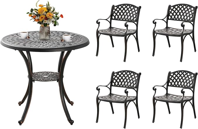 5 Piece Patio Dining Set, All Weather Cast Aluminum Outdoor Dining Table and Chairs Set of 4, Patio Furniture Conversation Set with 4 Chairs and 31" Round Table, 2.2" Umbrella Hole