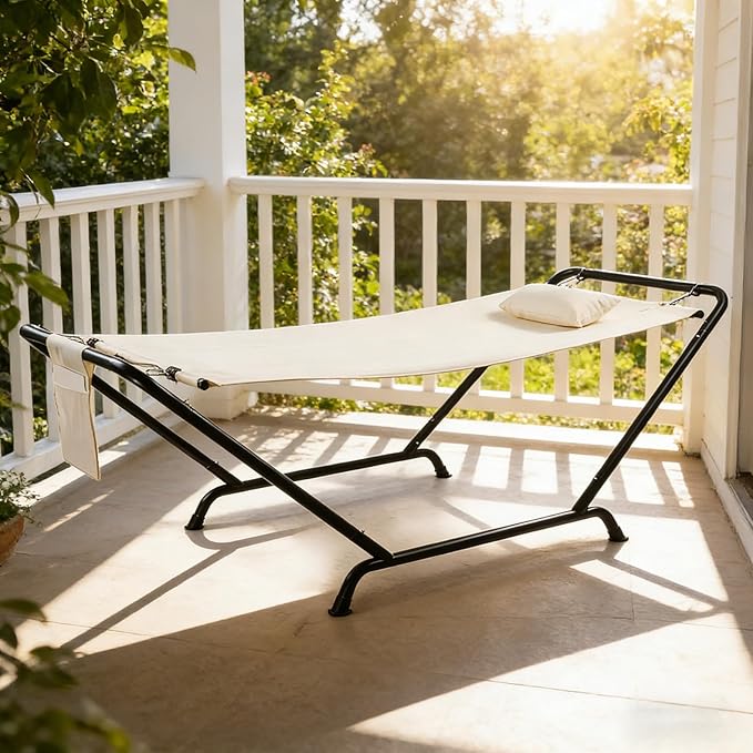 Hammock with Stand, Heavy Duty Hammock with Soft Pillow, Freestanding Outdoor Hammocks Bed for Outside Backyard, Camping, Garden, Yard, Patio, 330 lbs Weight Capacity (Beige)