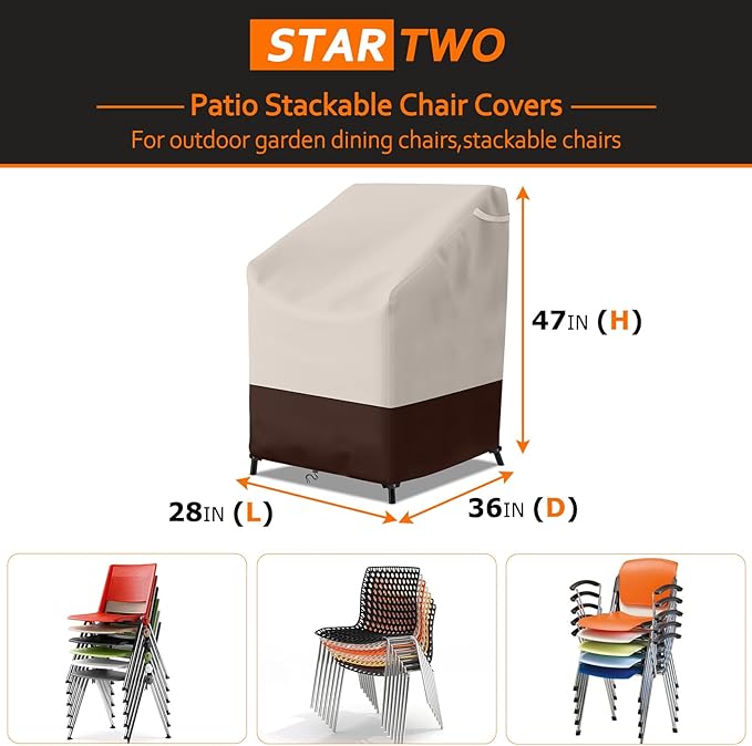 STARTWO Stackable Patio Chair Covers,Heavy Duty Waterproof Outdoor Furniture Cover Fits for 4-6 Stackable Dining Chairs,36"Lx28"Wx47"H,Beige & Brown