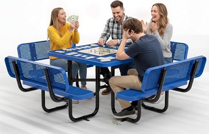 Metal Picnic Tables for Outdoors with Umbrella Hole - Coated Steel Heavy Duty Commercial Grade Furniture (Blue, 46 in, Square with Back, Expanded Steel)