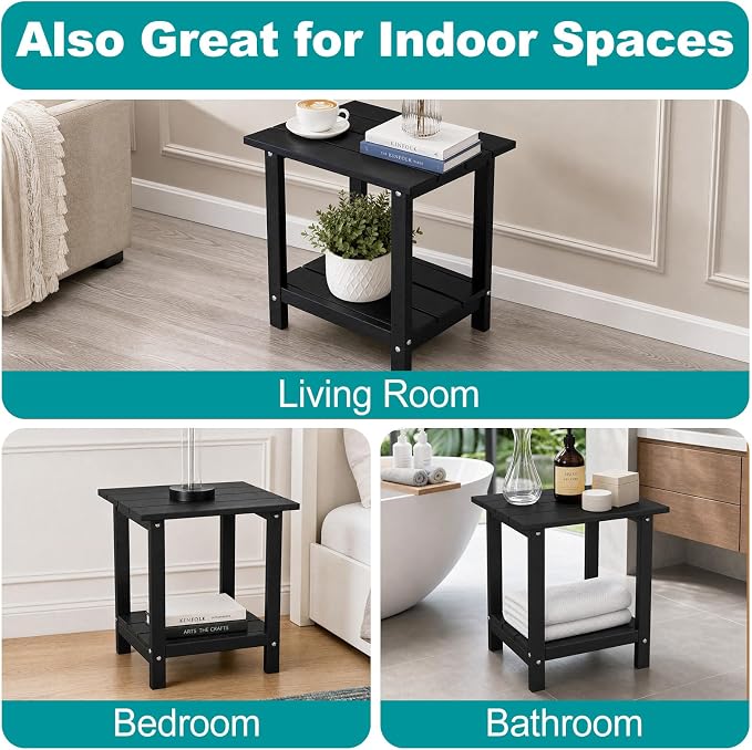 Outdoor Side Table with Storage Shelf, 2-Tier Patio Side Table, HDPE All Weather Outdoor End Tables for Adirondack Chair, Small Patio End Table for Deck Backyard Porch Lawn Poolside, Black