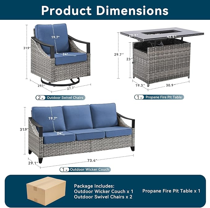 Wicker Patio Furniture Set with 42.5" Fire Pit Table-4 Pieces All Weather Wicker Outdoor Furniture with High Back Swivel Patio Chairs Set of 2 Outdoor Couch for Deck Balcony Backyard Blue/Gray